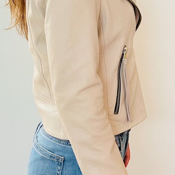 All Saints Dalby Cropped Leather Biker Jacket in Ivory White - size US 4 UK 8 - Picture 4 of 7